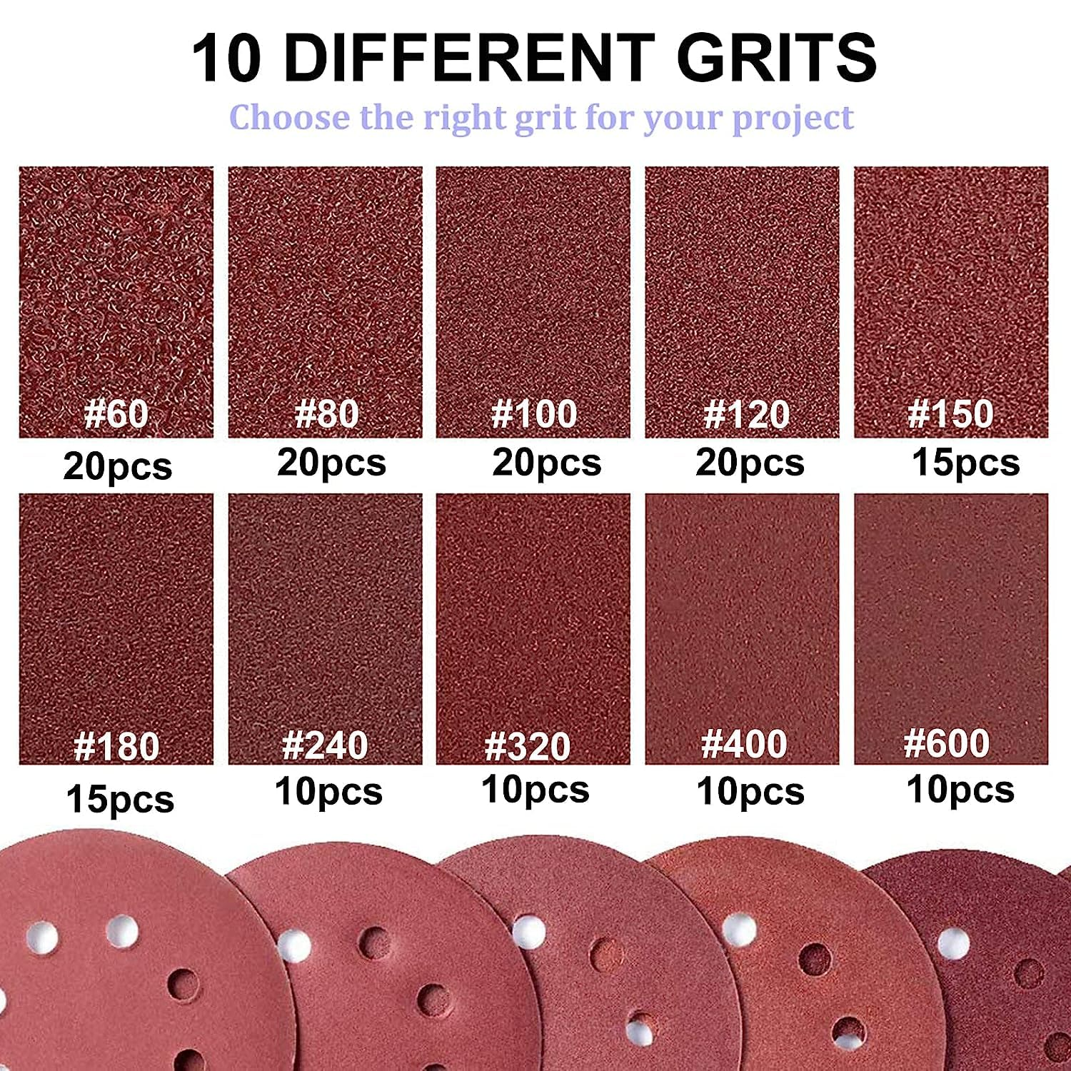 150Pcs Sandpaper Set, 5 Inch 8 Holes Sanding Discs 10 Different Grades Including 60 80 100 120 150 180 240 320 400 600 Grits for Random Orbital Sander