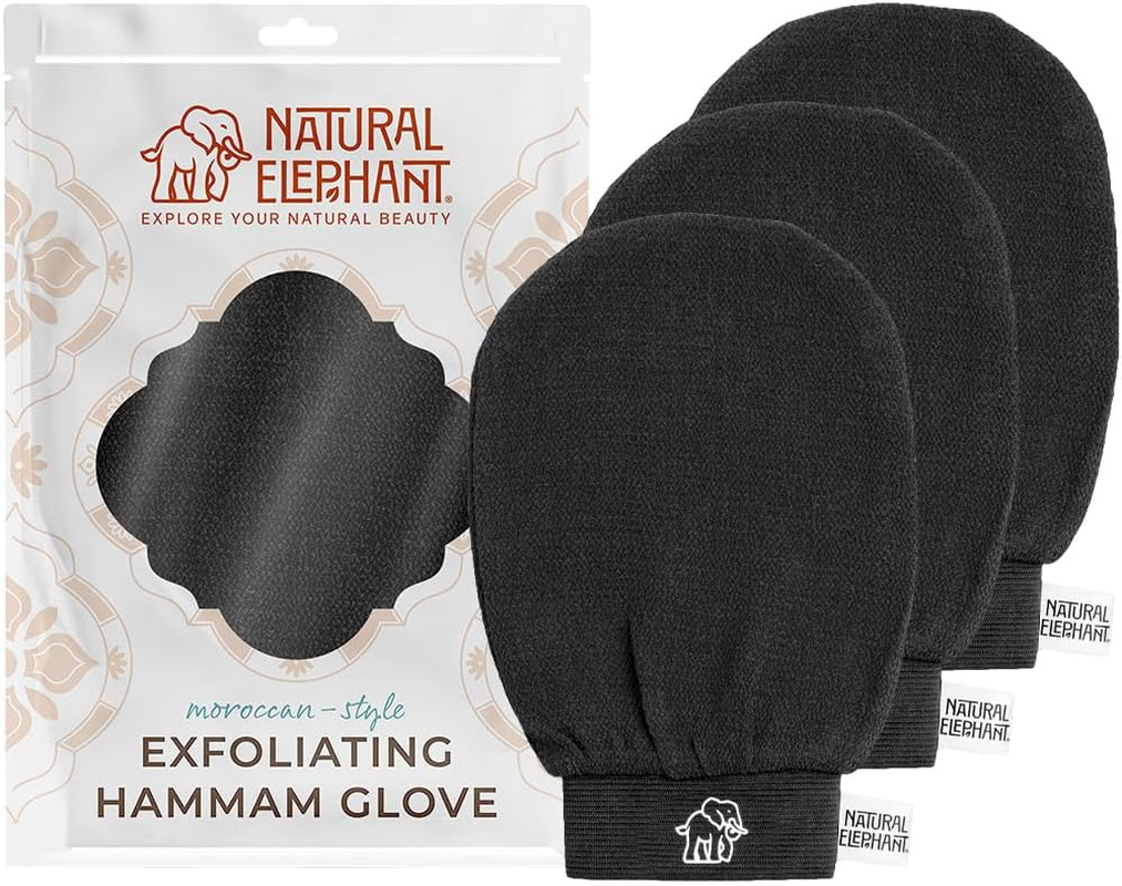 Natural Elephant Exfoliating Hammam Glove - Face and Body Exfoliator Mitt (Pure Black (Pack of 3))