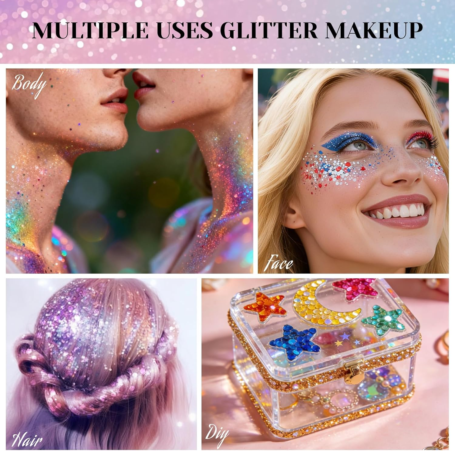 DAGEDA Body Glitter Gel, Gold Sparkling Face Hair Eye Glitter Mermaid Makeup, Holographic Sequins for Face Hair Nails, Singer Concert Festival Carnival Party Rave Accessories 02 image number 6