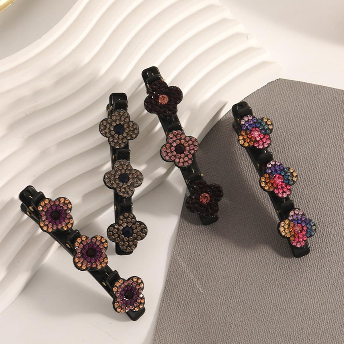 Pack of 4 Glittering Crystal Stone Braided Hair Clips, Hair Clips with Three Flowers, Fringe Clips, Hummingbird Hair Clip with Crystal Flower, Elegant Hair Styling Clips, Shiny Rhinestone Hair Clip image number 6