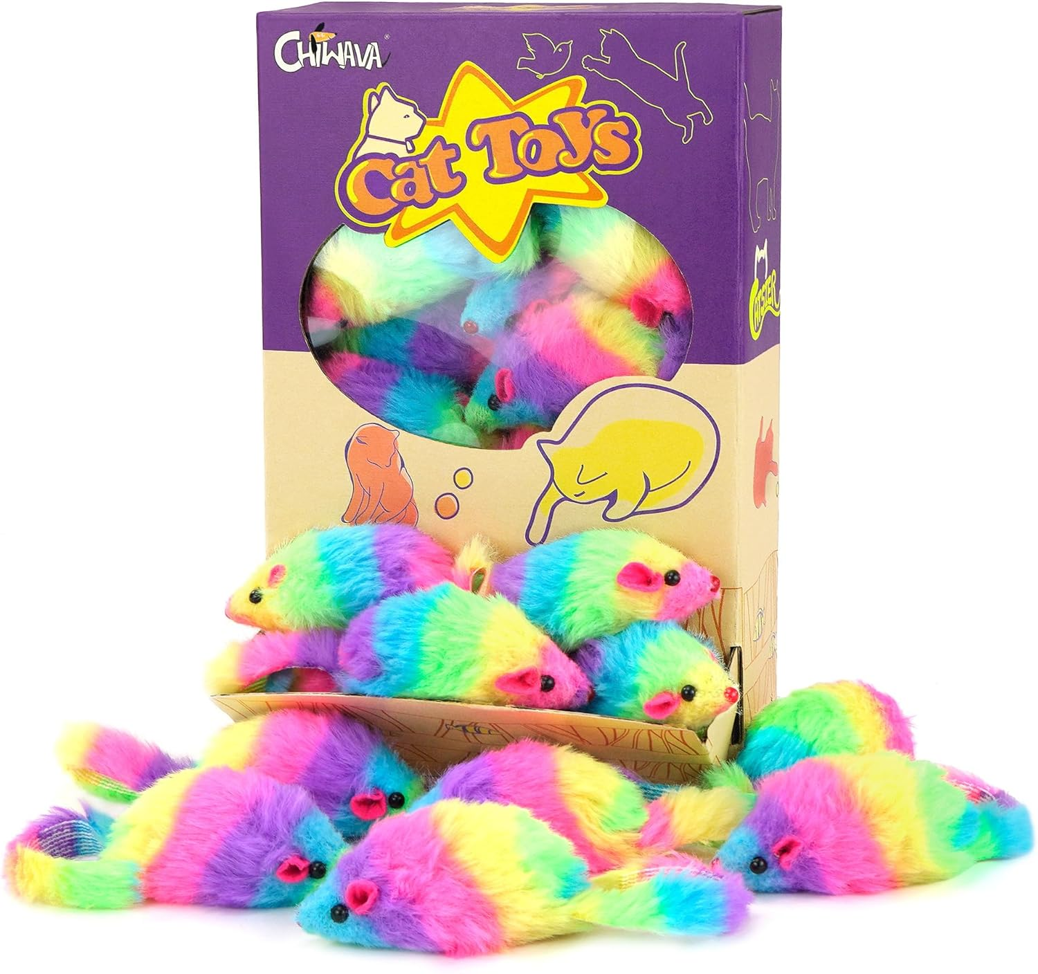CHIWAVA 24PCS 2.8" Rainbow Color Furry Cat Toy Mice with Rattle Kitten Mouse Interactive Play image number 3