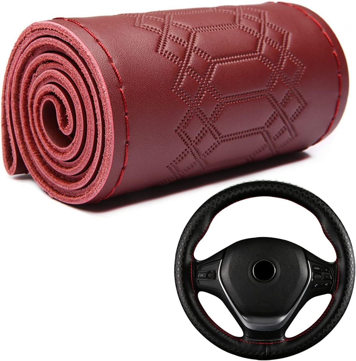 DEEYOTA Car Steering Wheel Cover Universal Fit round Stitch Steering Wheel Wrap Thin PU Leather Steering Wheel Cover Sewn on 15" Car Wheel (Black)