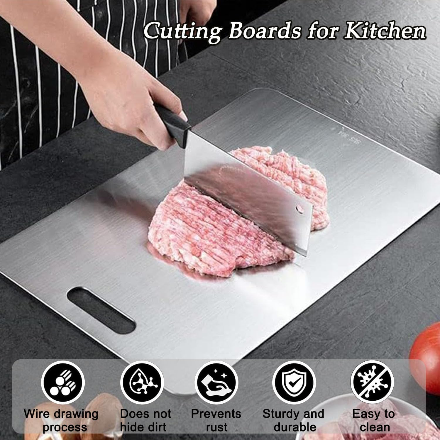Wakouter Stainless Steel Cutting Board, 3PCS 304 Cutting Boards for Kitchen, Double Sided Food Grade Chopping Boards, Stainless Steel Chopping Board Set for Meat, Fruit, Vegetables, Dishwasher Safe image number 6