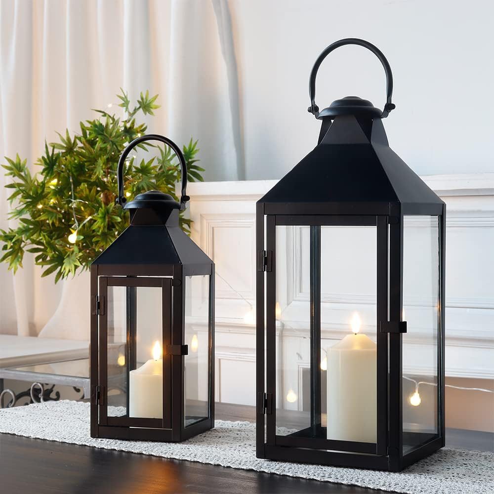JHY DESIGN Set of 2 33&50Cm Tall Outdoor Candle Lanterns Vintage Hanging Tower Lantern Metal Candle Holder for Garden Living Room Indoor Outdoor Parties Weddings Balcony(Black)