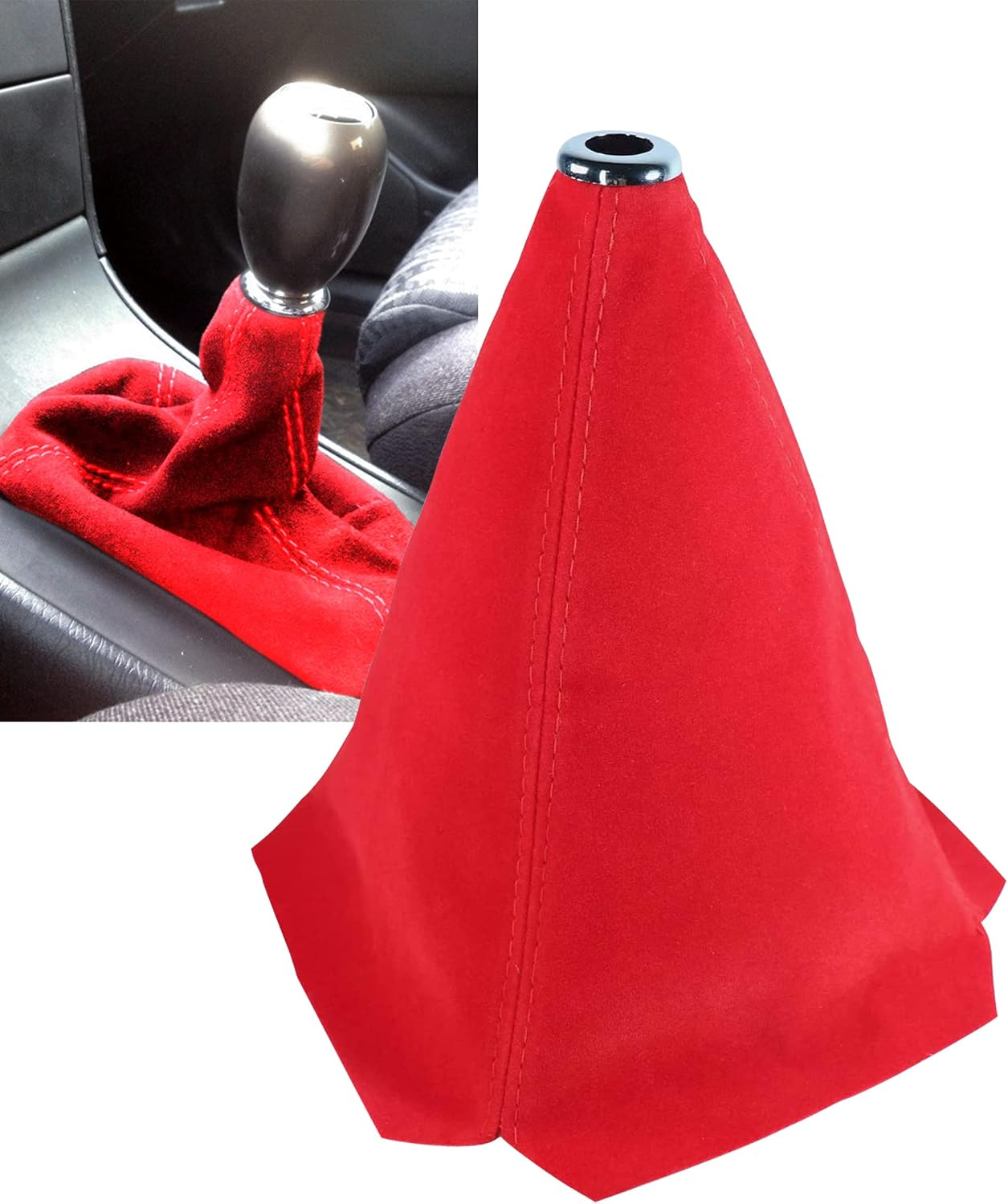 YAKEFLY Universal Car Shift Boots Shift Knob Dust Cover MT Gear Shift Cover,Pu Leather Shifter Boot Retainer Stick Shift Sleeve Gear Shifter Boot Gear Gaiter Cover (Black Suede/Stitching)