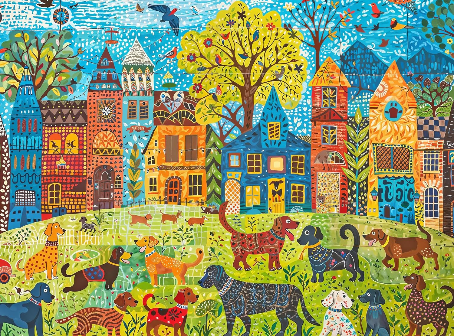 Cross & Glory &ndash; Colourful Canines: a Dog Park Day &ndash; 1000-Piece Folk Art Style Jigsaw Puzzle for Adults | Vibrant City Scene with Playful Pups | Perfect for Dog Lovers