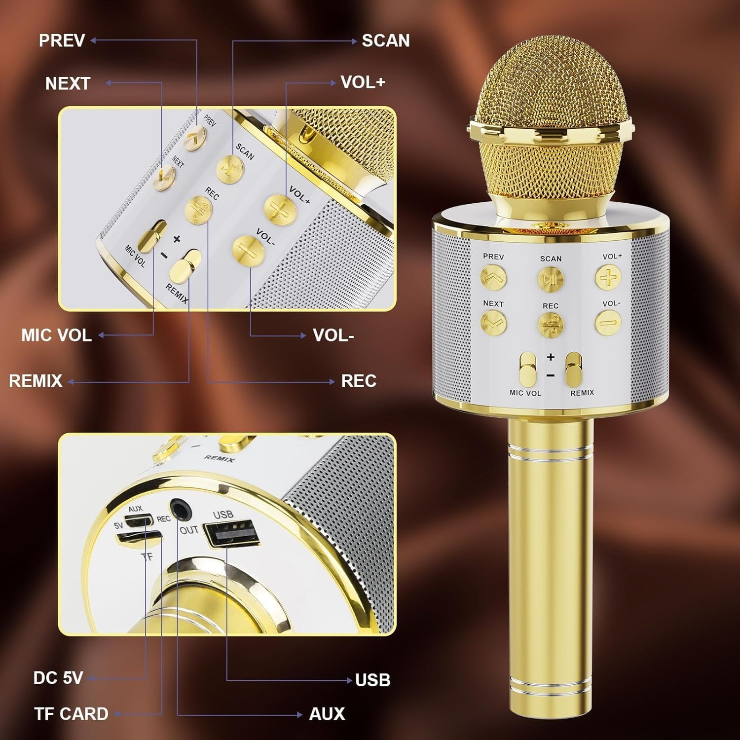 Kids Wireless Karaoke Microphone Machine,Bluetooth Microphone Toys for Girls, Birthday Gifts for Girls Boys 3 4 5 6 7 8 9 10 11 12 Year Old Kids Toys, Home KTV - Gold Color - Gold image number 2