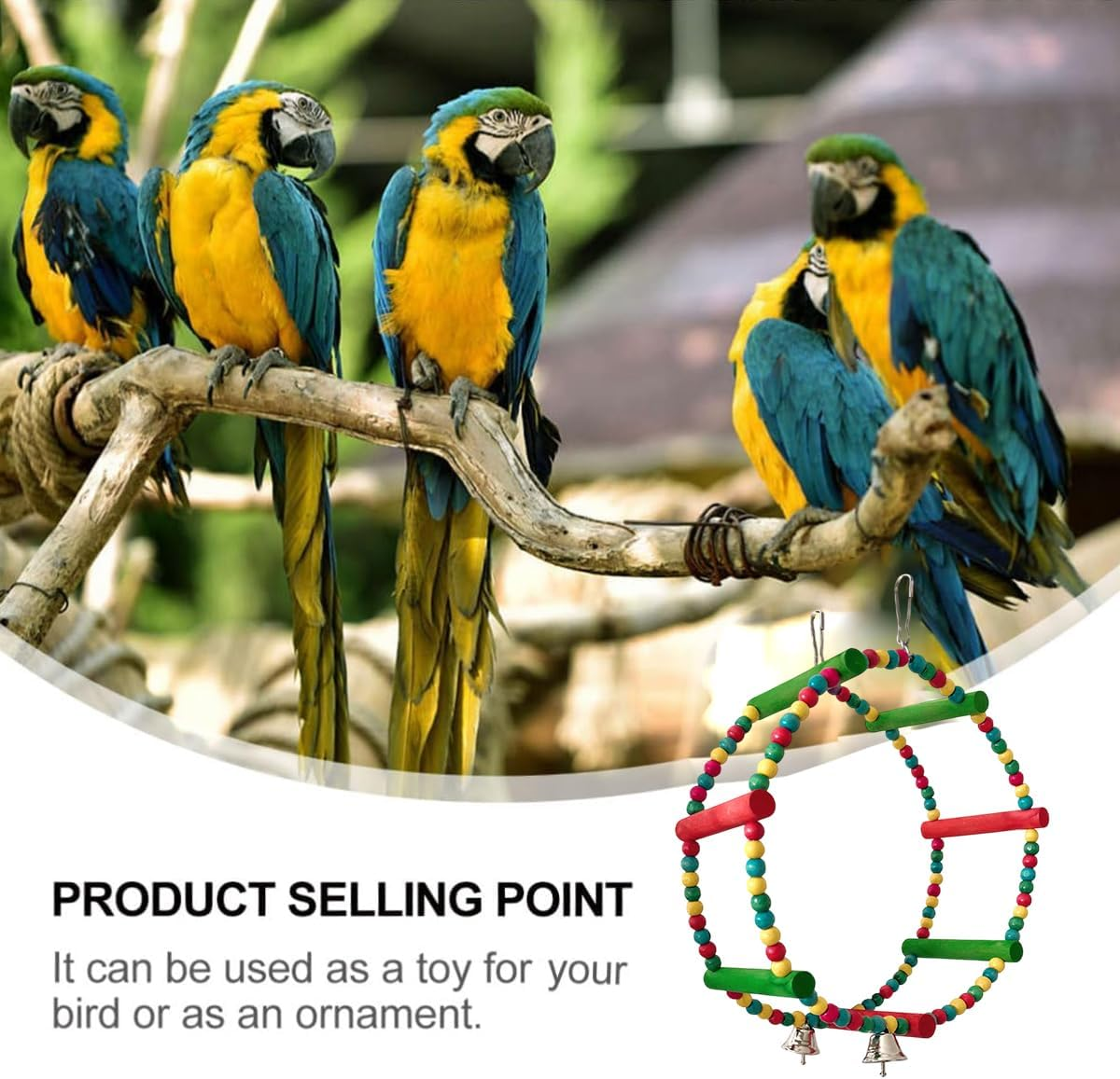 AIMALL Parrot Swing Wooden Bird Toy, 11.02&times;8.66In Multi-Functional Colorful Decorative Stand &ndash; Pine Wood with Bells for Parrot Cage, Bird Supplies image number 1