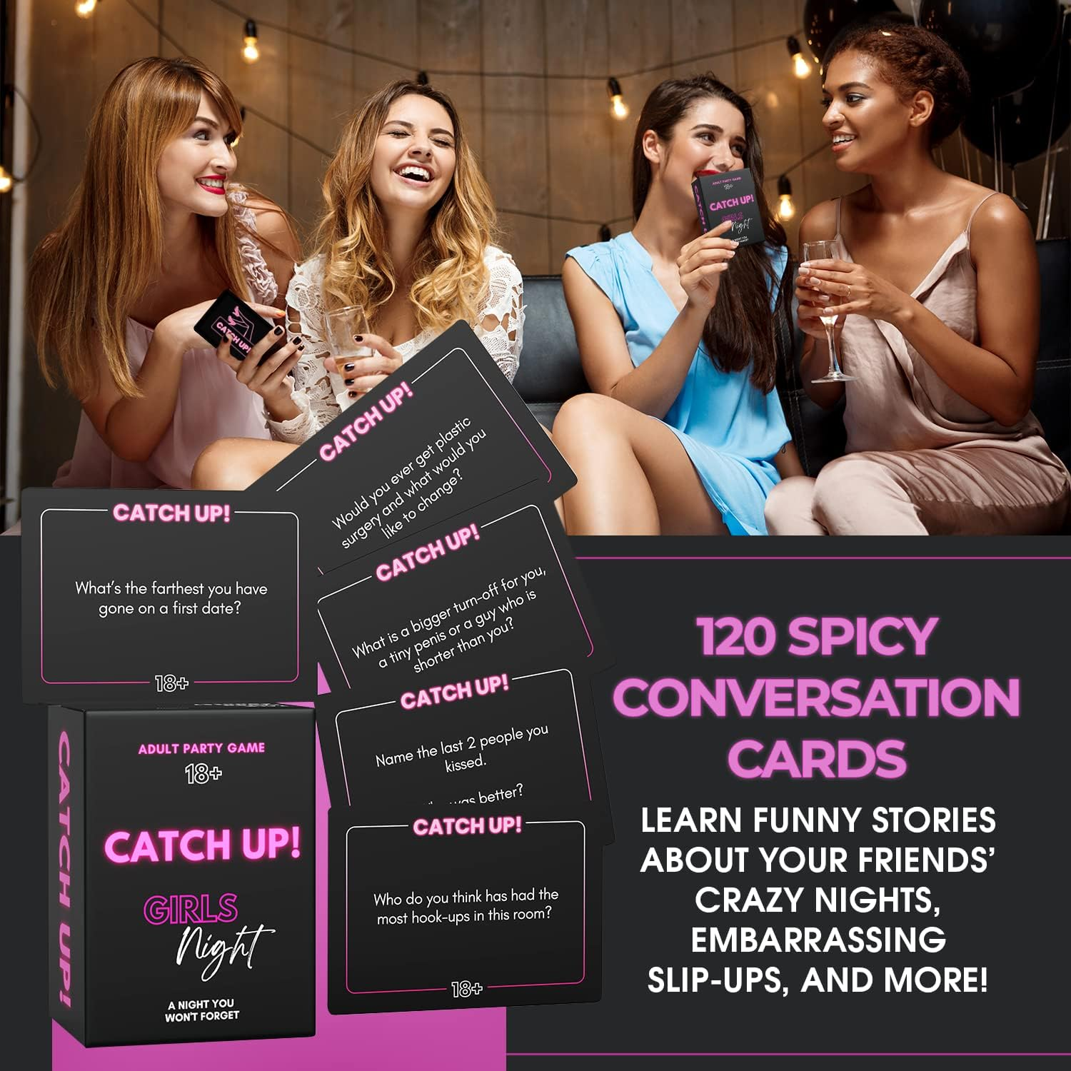 BLY Games Catch Up! Girls Night 18+ Card Game | Spicy Thought Provoking Conversation Cards for Fun Girls Nights, Bachelorette, Bridal Shower and Birthday Parties image number 1