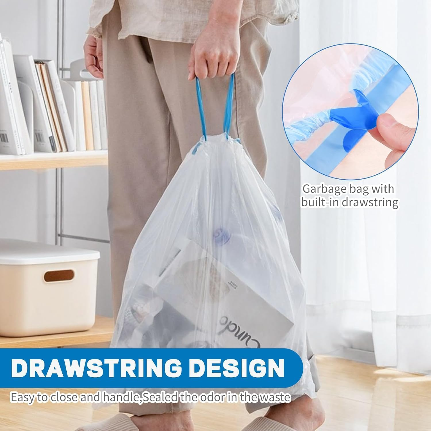 Bin Bags 5-Pack Small Trash Bags (75Count) 4 Gallon Drawstring Garbage Bags - Tear-Free, Unscented & Leak-Proof Waste Bin Liners for Bathroom, Office, Bedroom & Kitchen image number 4