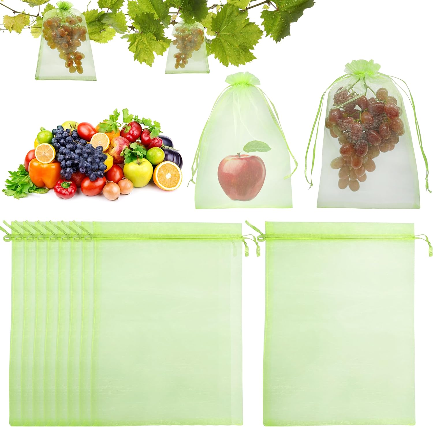 Jexila 50 Pack Fruit Protection Bags 12X16 Inch Fruit Netting Bags for Fruit Trees Fruit Cover Mesh Drawstring Bags Fruit Protectors Pest Barrier for Grapes Mango Flower Veggies Garden