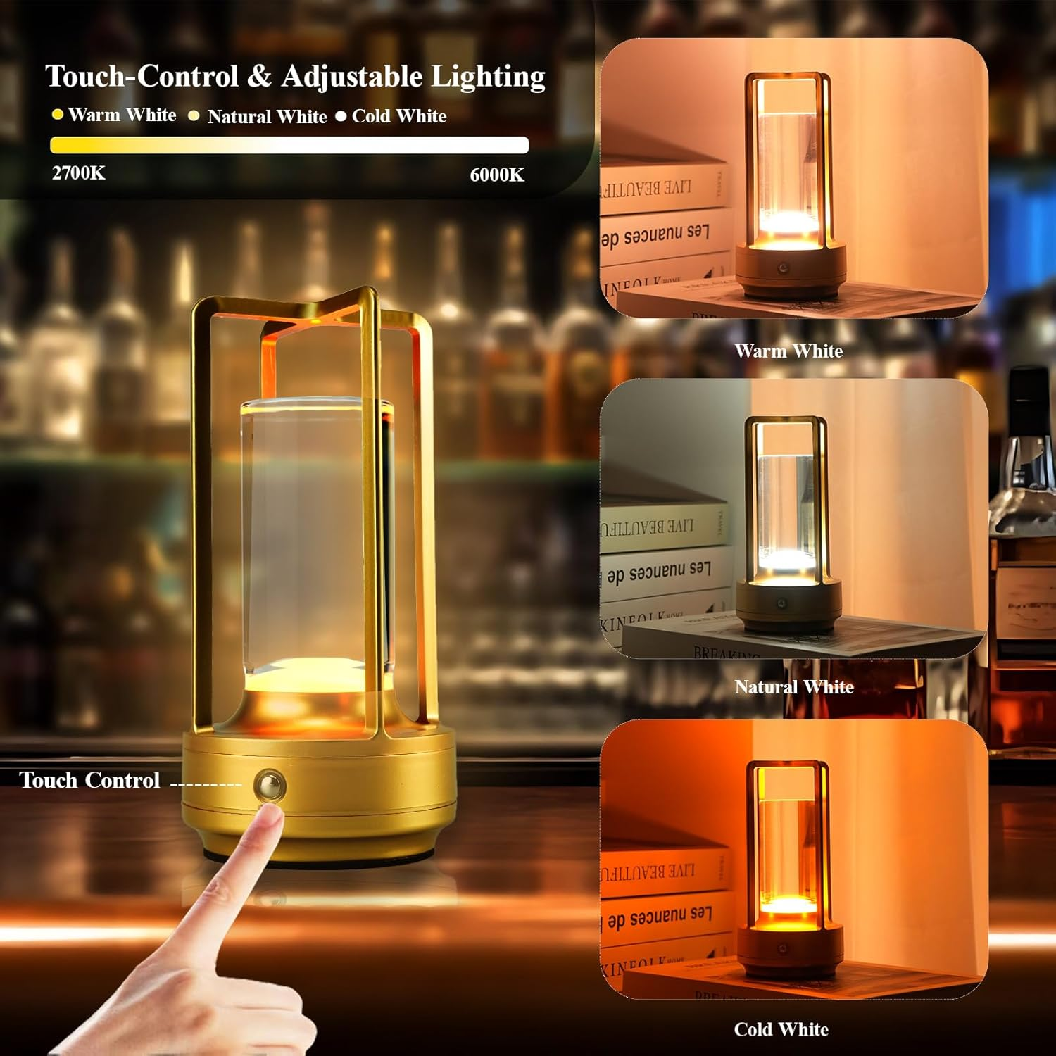 Small Table Lamp Rechargeable Table Lamp Cordless, 3 Color | Crystal | Stepless Dimming, for Dining Room, Living Room, Bar, Cafe, Restaurant, Patio, Camping (Gold) image number 3