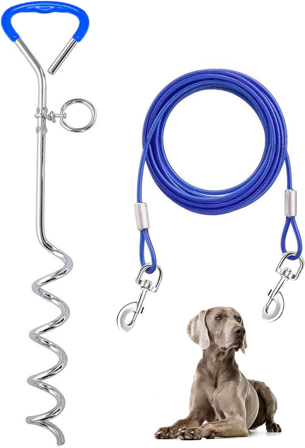 Dog Tie Out Cable and Stake 32 Ft Outdoor, Yard and Camping, for Medium to Large Dogs up to 125 Lbs, 16" Stake, 32 Ft Cable with Durable Spring and Metal Hooks for Outdoor
