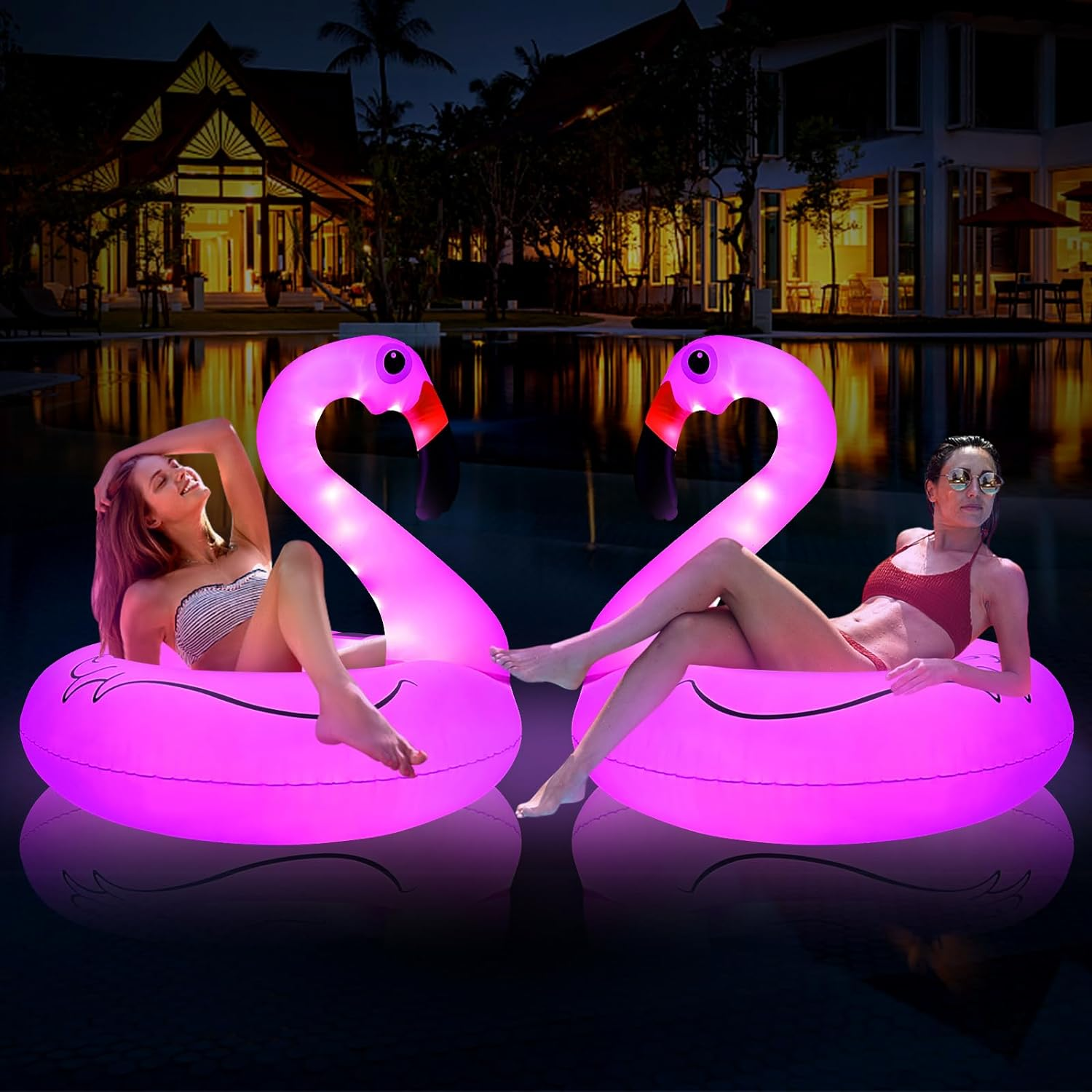 Tepoal Inflatable Flamingo Pool Floats with Lights, Solar Powered Flamingo Swimming Pool Tubes, 42 Inches Summer Lake Beach Floaties Swimming Pool Rings for Adults Water Entertainment