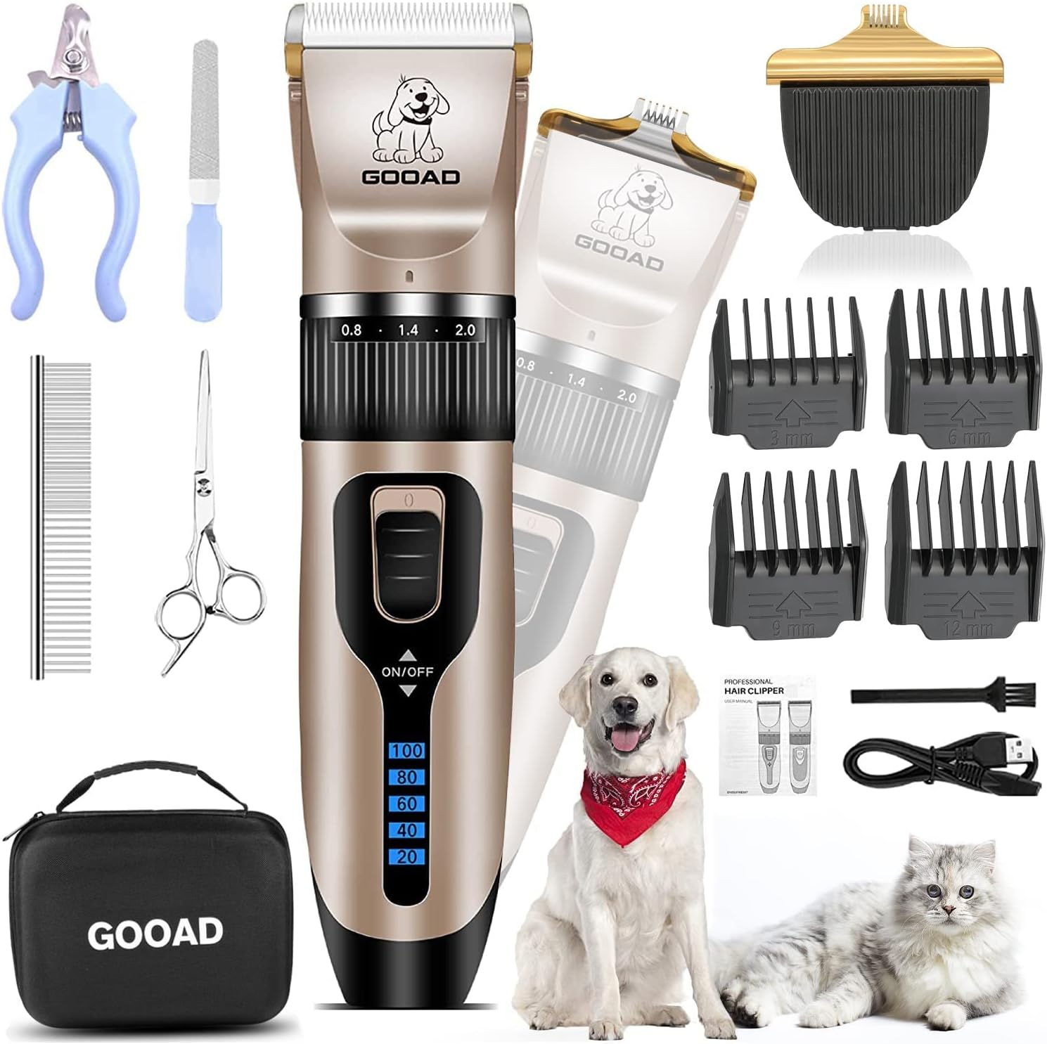 Gooad Dog Clippers for Grooming,Dog Grooming Kit for Heavy Thick Hair&Coats/Low Noise Rechargeable Cordless Hair Trimmer/Pet Shaver with Paw Trimmer for Small & Large Dogs Cats