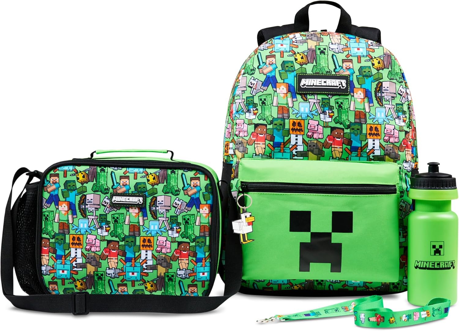 Minecraft Backpack Set 5 Pcs Water Bottle Insulated Lunch Bag Pencil Case Drawstring Bag or Lanyard Keyring School Supplies, Green AOP, Set of 5, Backpack Set 5 Pcs