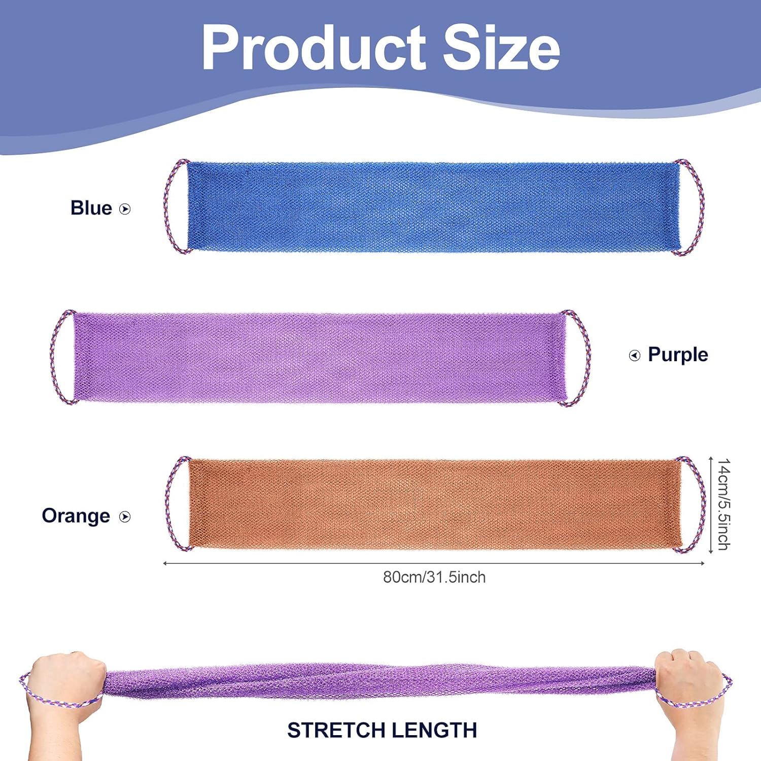 Tegeme 3 Pieces African Net Sponges Back Scrubbers Bathing Exfoliating Smoother Long Nylon Net Body Shower Loofahs Cloth with Pull Strap for Women Men Daily Handles Washcloth Wash Purple Blue Coffee image number 4