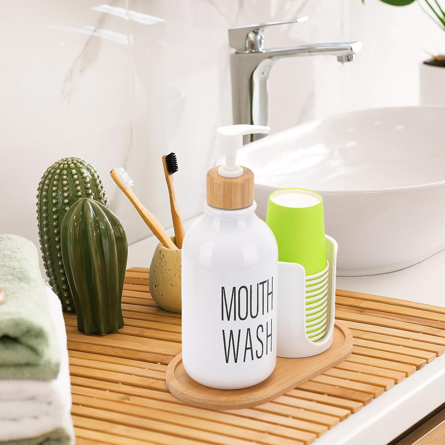 Mouthwash Dispenser with Cup Holder, Plastic White Mouth Wash Pump Bottle with Tray for Bathroom Organizers, 17Oz Refillable Clear Mouthwash Container image number 2