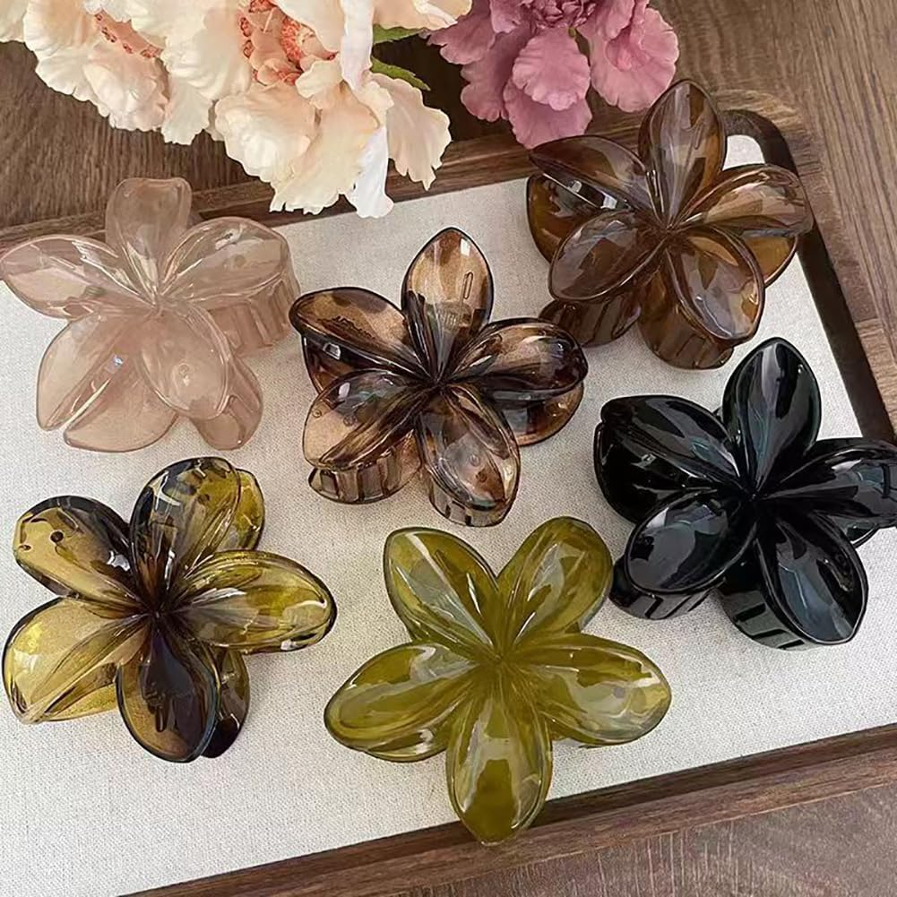 Rockreyoa Pack of 6 Hawaiian Plumeria Flower Hair Clips Leopard Hawaiian Plumeria Flower Claw Clips Flower Hair Accessories Strong Hold Hair Clips for Women