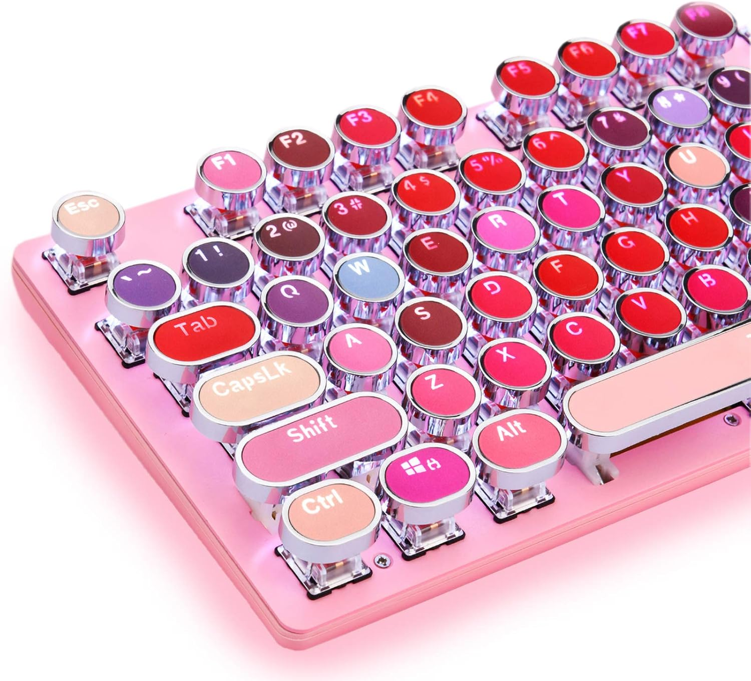 Typewriter Keyboard with White LED Backlit, Retro Steampunk Vintage Style Mechanical Gaming Keyboard 104 Keys Anti-Ghosting Blue Switch round Keycaps Metal Panel Wired USB for PC and Mac, Pink