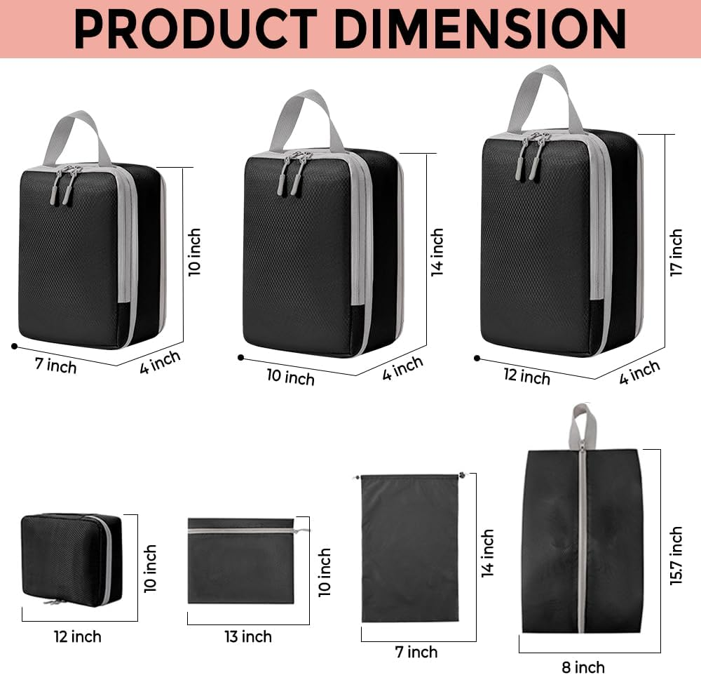 Unipro GOODS- Travel Bag Luggage Organizers 8 Piece Set- Compression Packing Cubes for Suitcases, Drawstring Pouch and Shoe Bag, Travel Accessories, More Lightweight and Durable image number 4