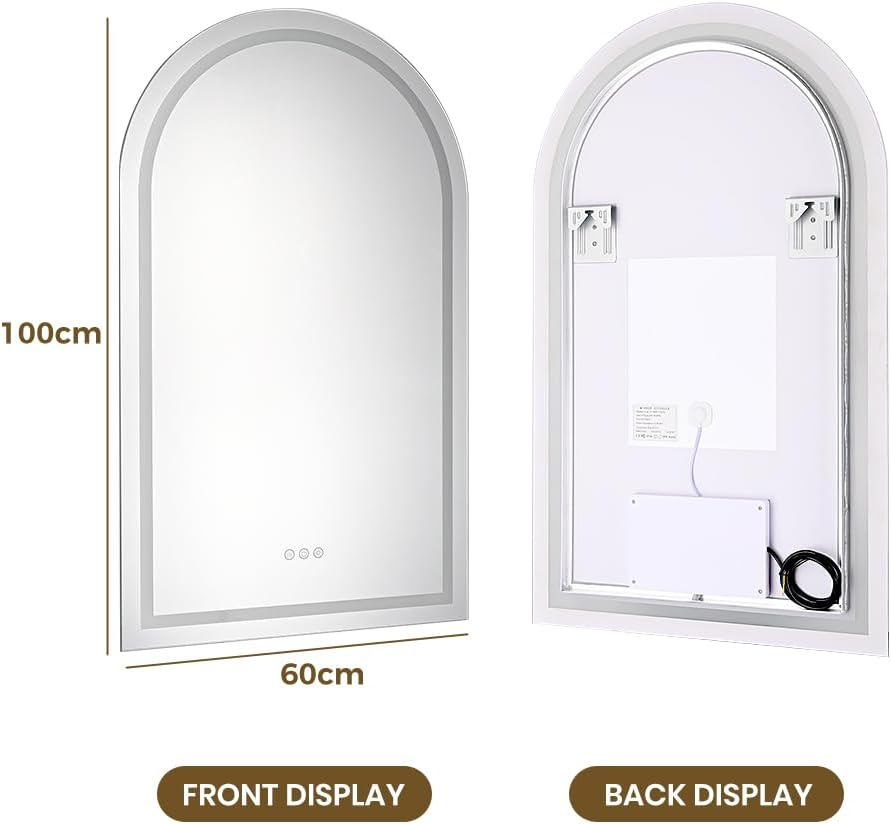 Simplus LED Bathroom Vanity Mirror Arch Mirrors Wall Light Vanity Shower Bathroom Make up Mirrors with anti Fog Smart Touch Switch Backlit and Front Light, 60X100Cm image number 1