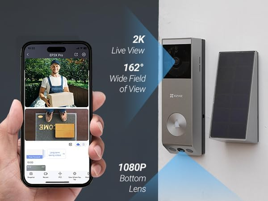EZVIZ 2K Dual-Lens Video Doorbell Camera, Solar Panel Included Charge without Removing, Package Detection, 32GB Local Storage No Monthly Fee, Wired or Battery, Colour Night Vision, EP3X Pro image number 2