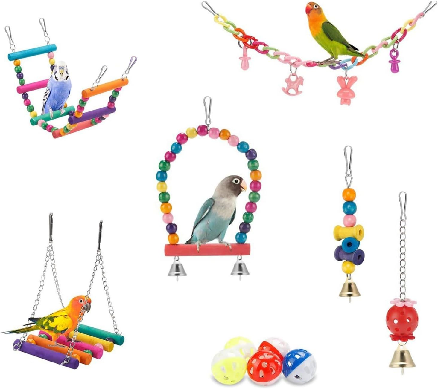 11Pcs Bird Toys Set Colourful Parrot Toys for Small Birds Interactive Ladder Swing Bridge with Bells Safe Lightweight Birds Cage Accessories for Cockatiels Budgies Lovebirds image number 6