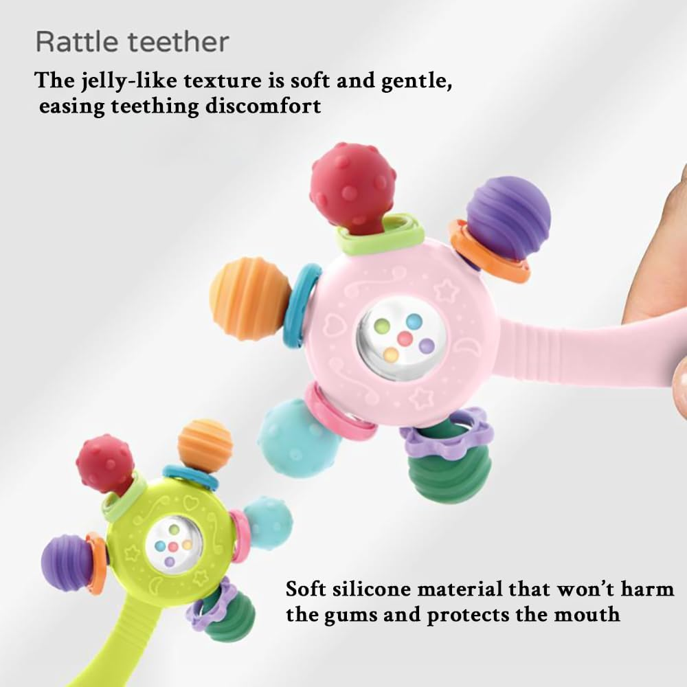 Itreatu Baby Sensory Toy for 0-6 Months,Montessori Early Education Toy,Teething Toy for 3-6 Months,6-12 Months, Rattle Stick Toy,Baby Rattle, Grasp Training Toy, Baby Teething Toys,Newborn Toys (Blue) - Pink image number 5