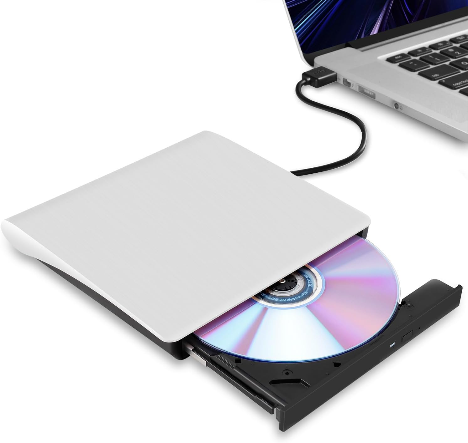 Hcsunfly External CD/DVD Drive for Laptop, USB 3.0 Ultra-Slim Portable Burner Writer Compatible with Mac Macbook Pro/Air Imac Desktop Windows 7/8/10/Xp/Vista (White) (Black)
