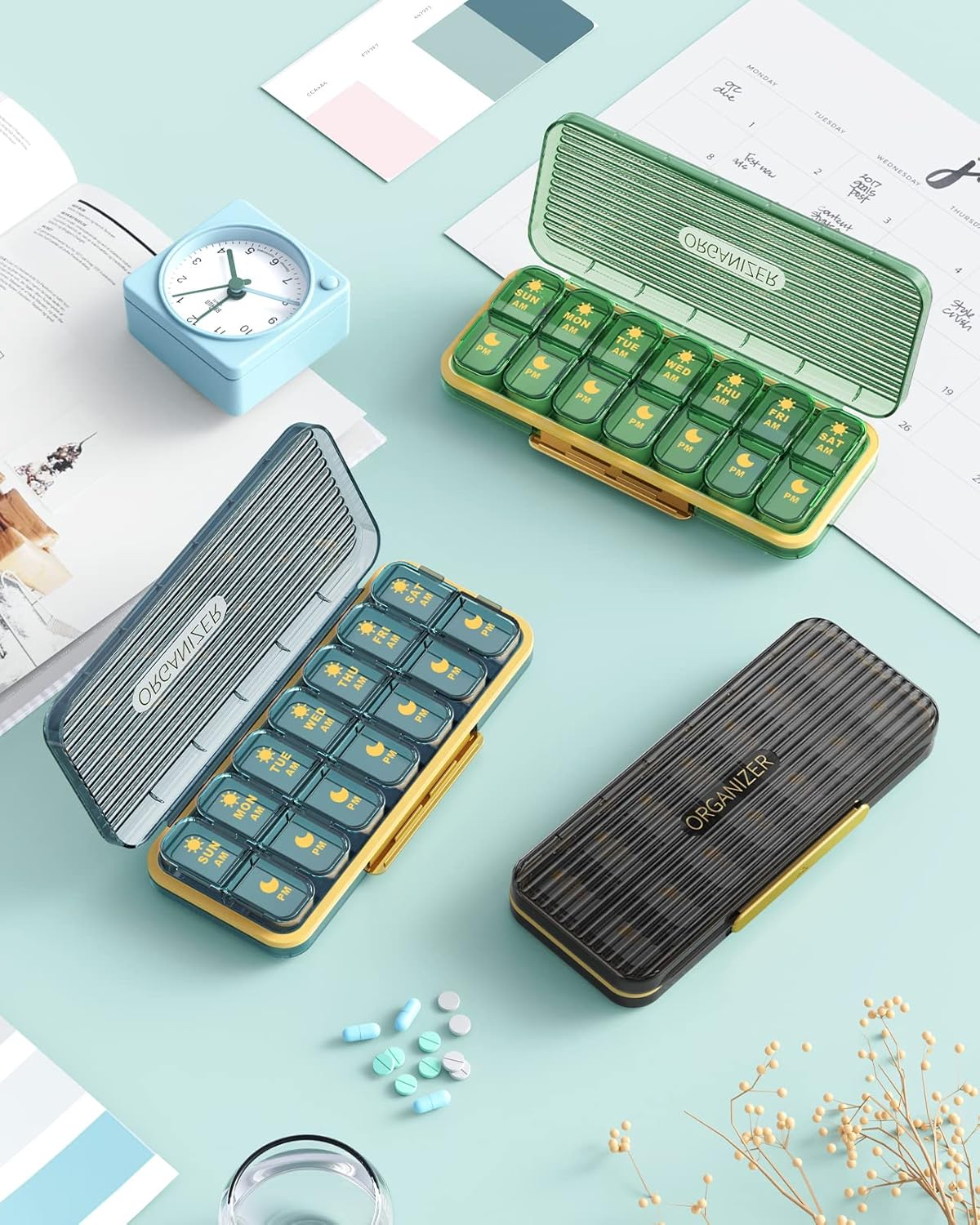 Acedada AM/PM Pill Organizer 7 Day, Pill Box 2 Times a Day - Weekly Pill Organizer Twice a Day with Large Compartment, Portable Daily Medicine Container Case for Vitamin, Fish Oils, Supplements, Blue - Clear,Green image number 2