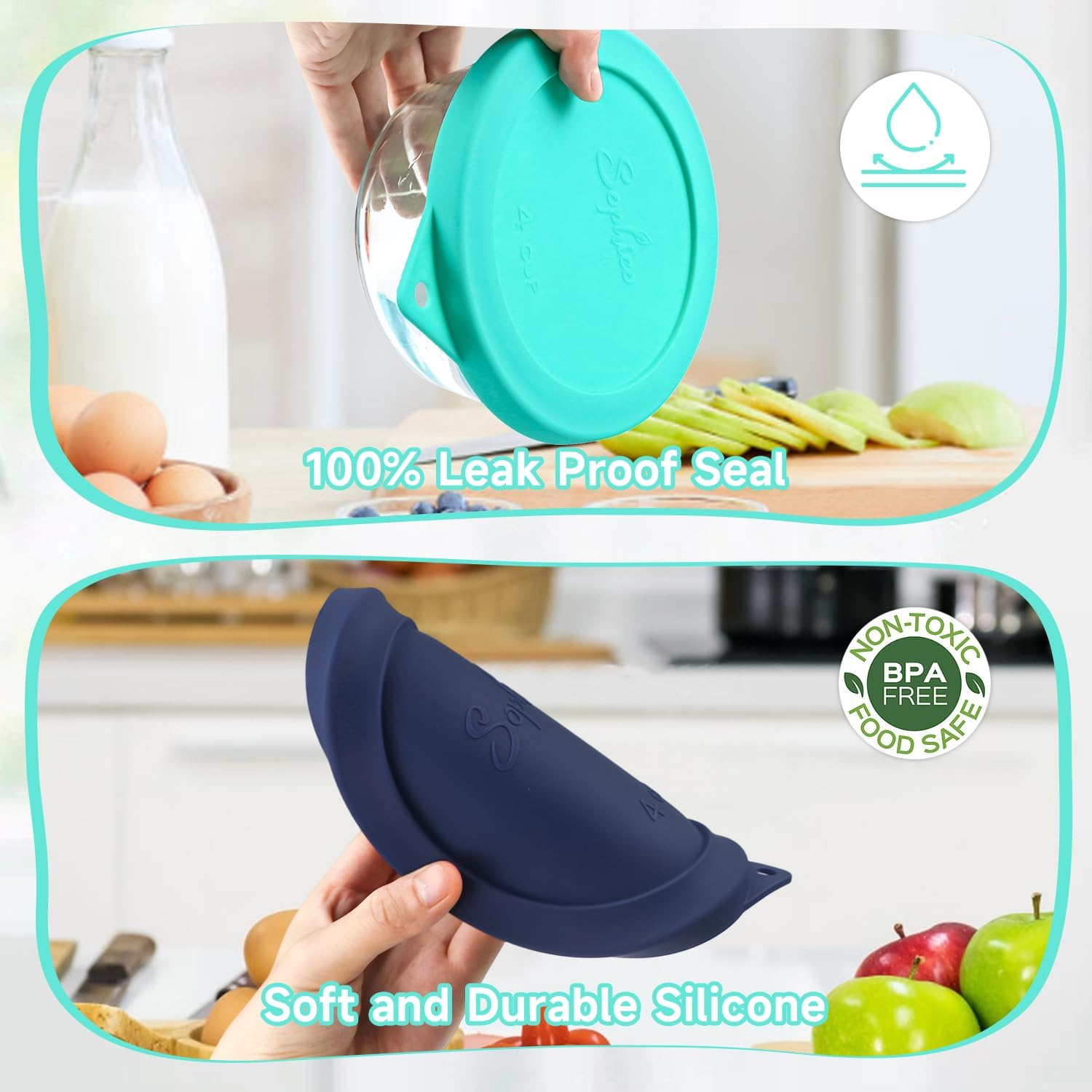 Sophico 4 Cup round Silicone Storage Cover Lids Replacement for Anchor Hocking and Pyrex 7201-PC Glass Bowls (Container Not Included) (Navy Blue-Mint) 4 Pack image number 4
