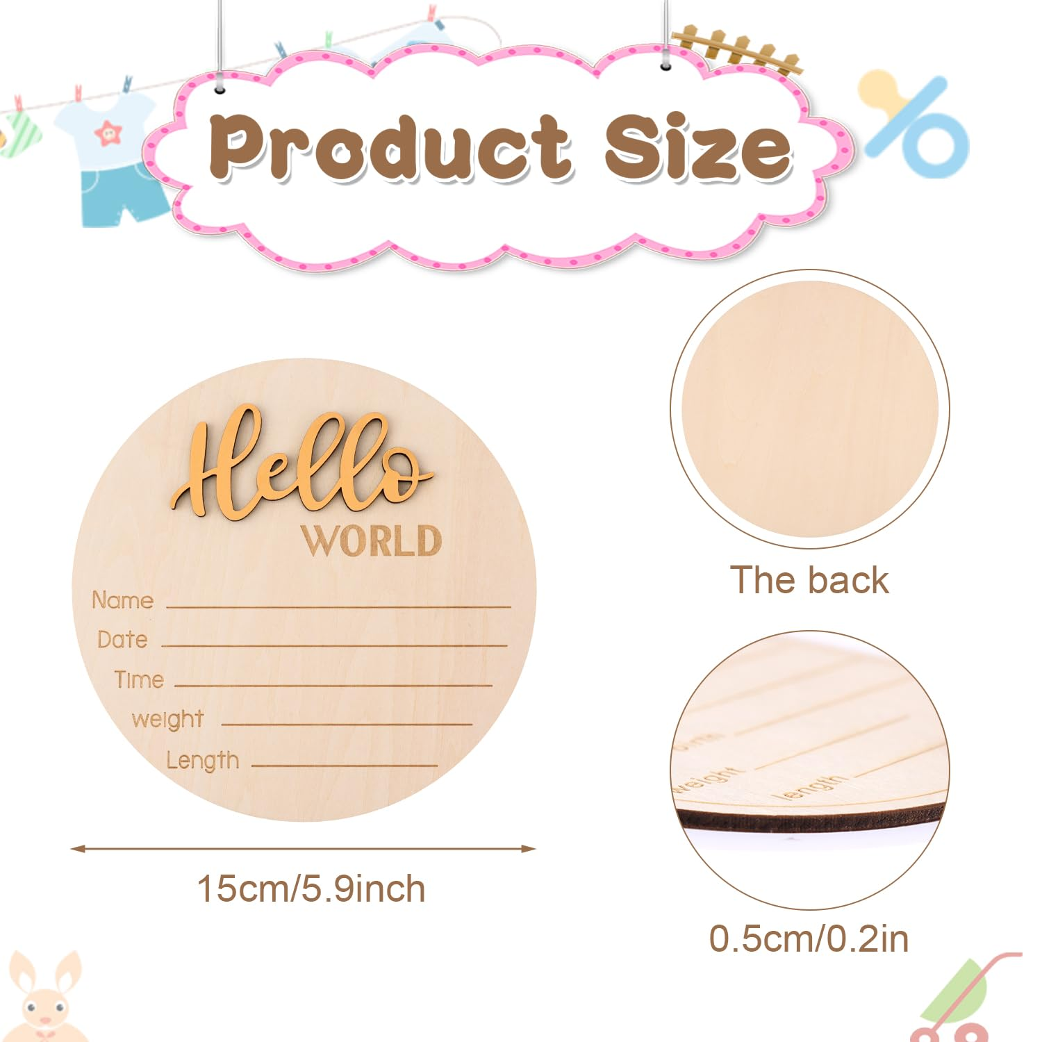 Baby Announcement Sign, 5.9 Inch Wooden Hello World Newborn Welcome Sign Birth Announcement Name Plate for Hospital Nursery (Dark Gold)