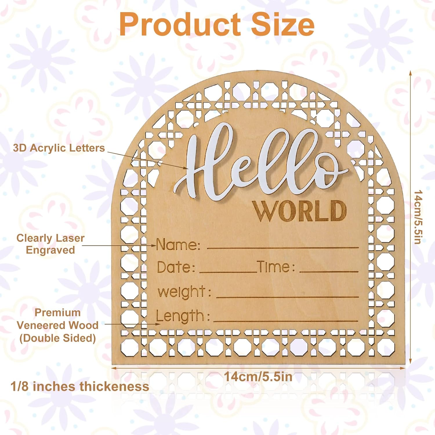 Baby Announcement Sign, 5.5 Inch Wooden Birth Newborn Welcome Sign Hello World New Baby Name Sign, Name Plaques for Girl Boys Photo Prop Baby Shower Nursery Hospital image number 3