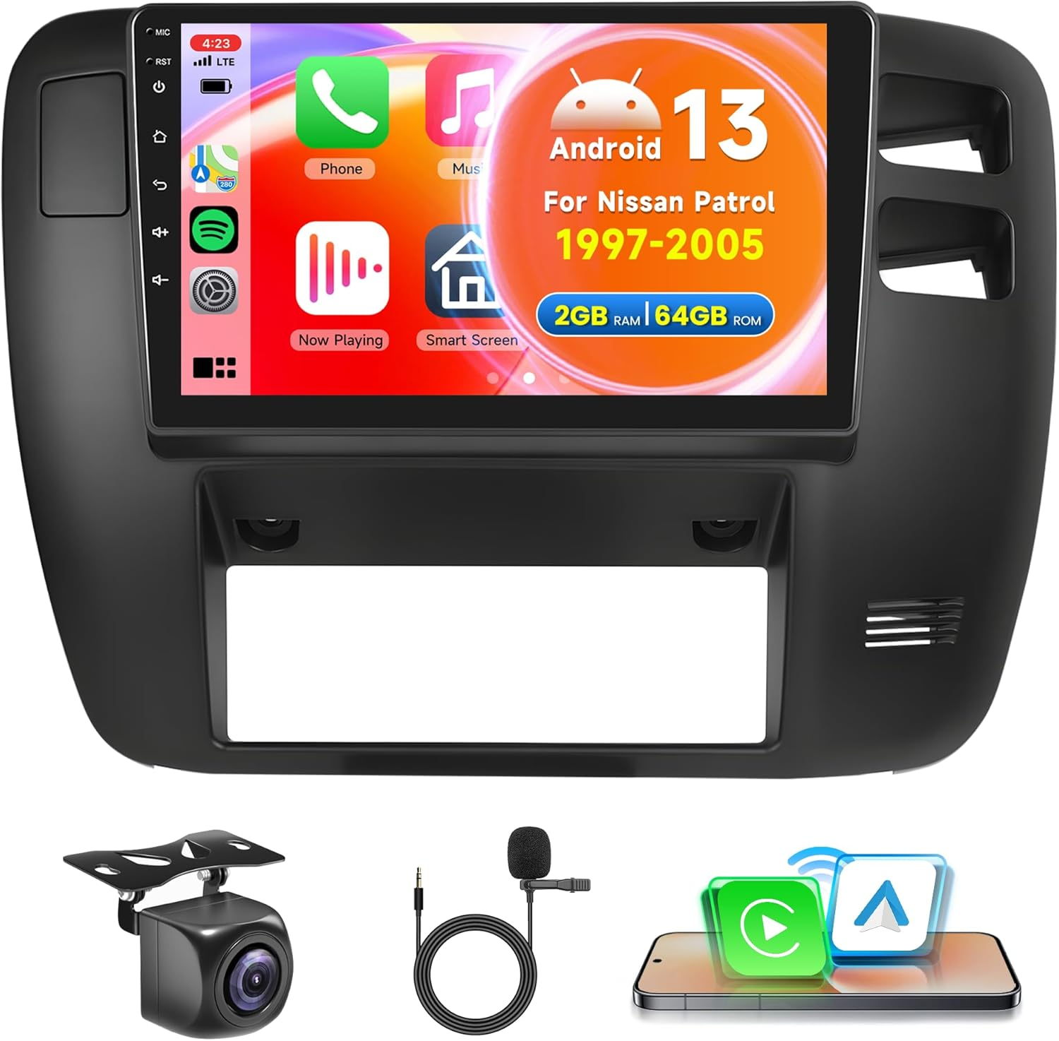 2G 64G Android Car Stereo Radio for Nissan Patrol 1997-2005 Carplay, Rimoody 9 Inch Touch Screen Android Auto Mirror Link GPS Wifi Bluetooth FM/RDS SWC Backup Camera image number 1