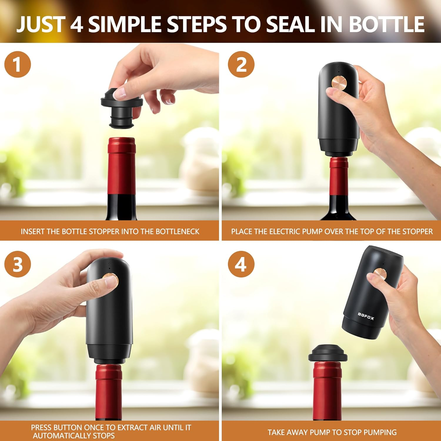 BGFOX Electric Wine Saver Pump with 4 Reusable Vacuum Stoppers, Automatic Wine Air Remover Pump Bottle Stoppers, Rechargeable Wine Preserver Bottle Sealer Keeps Wine Fresh, Gifts for Wine Lovers
