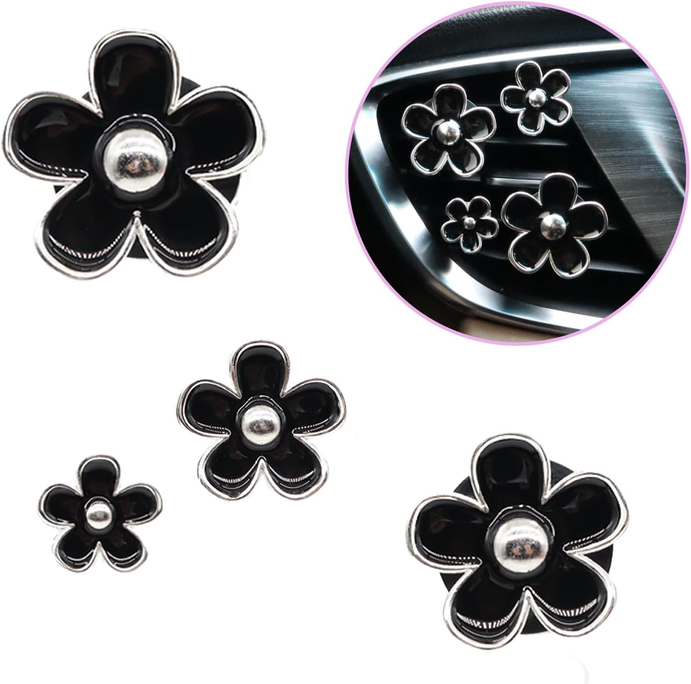 ORIESSE 4Pcs Cute Daisy Flowers Car Air Freshener Vent Clips, 4 Sizes Sparkle Black Silver Flower Car Vent Clips,Girly Women Car Air Freshener, Flowers Car Accessories,Refillable Car Diffuser image number 6