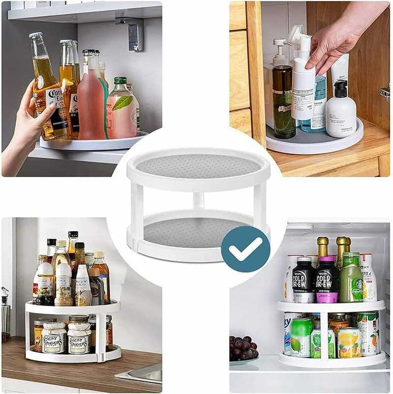 AIMALL Can Tamer Kitchen Fridge Spinning Storage Organizer Shelf Rack Pantry 2 Tier, 9.8" Diameter, White & Gray image number 2