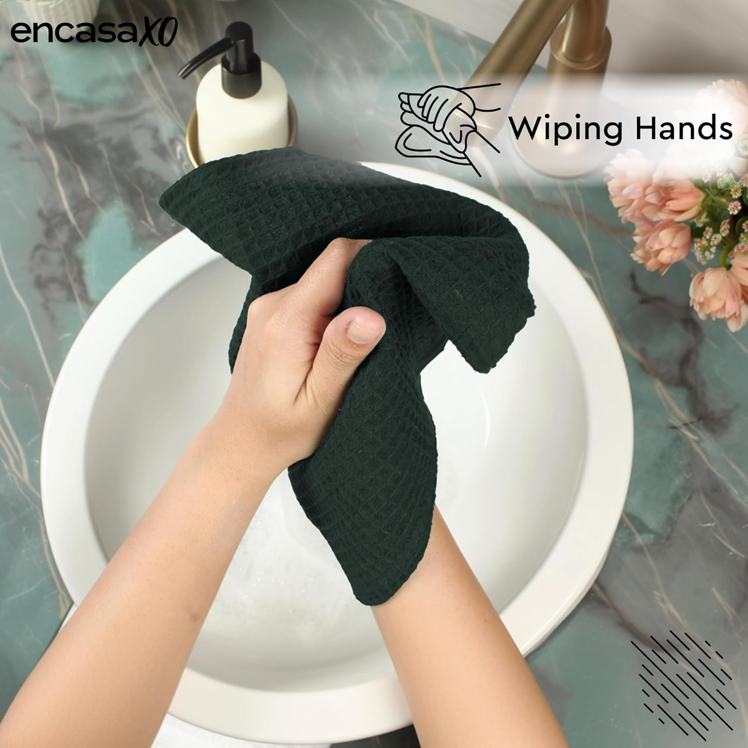 Encasa XO Face and Hand Towels for Bath, Gym - 30X30 Cm | Green | Set of 6 - Quick Dry Waffle Weave Face Cloths - Reusable Dishcloths for Everyday Use