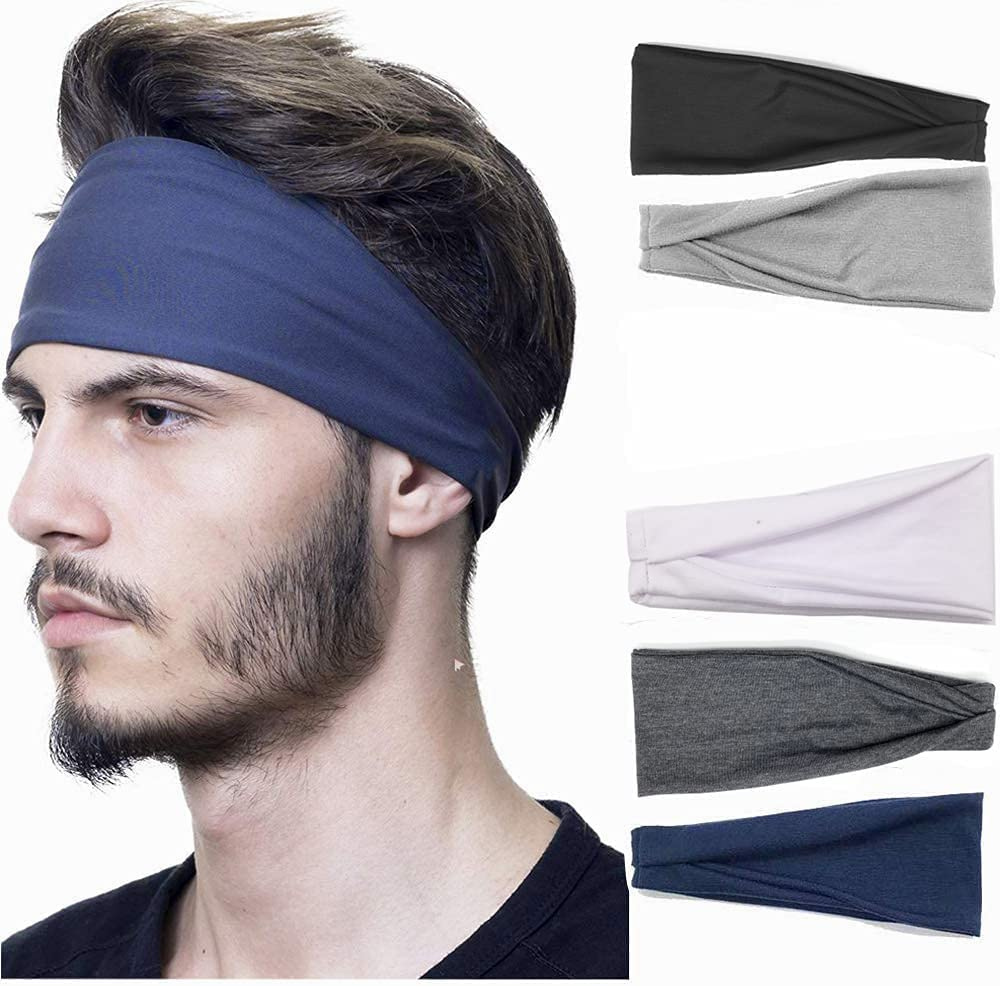 5-Piece Men'S Sports Headband, Pure Color Elastic Yoga Fitness Running Sweat Band, Moisture Wicking Anti-Slip Training Headband image number 6