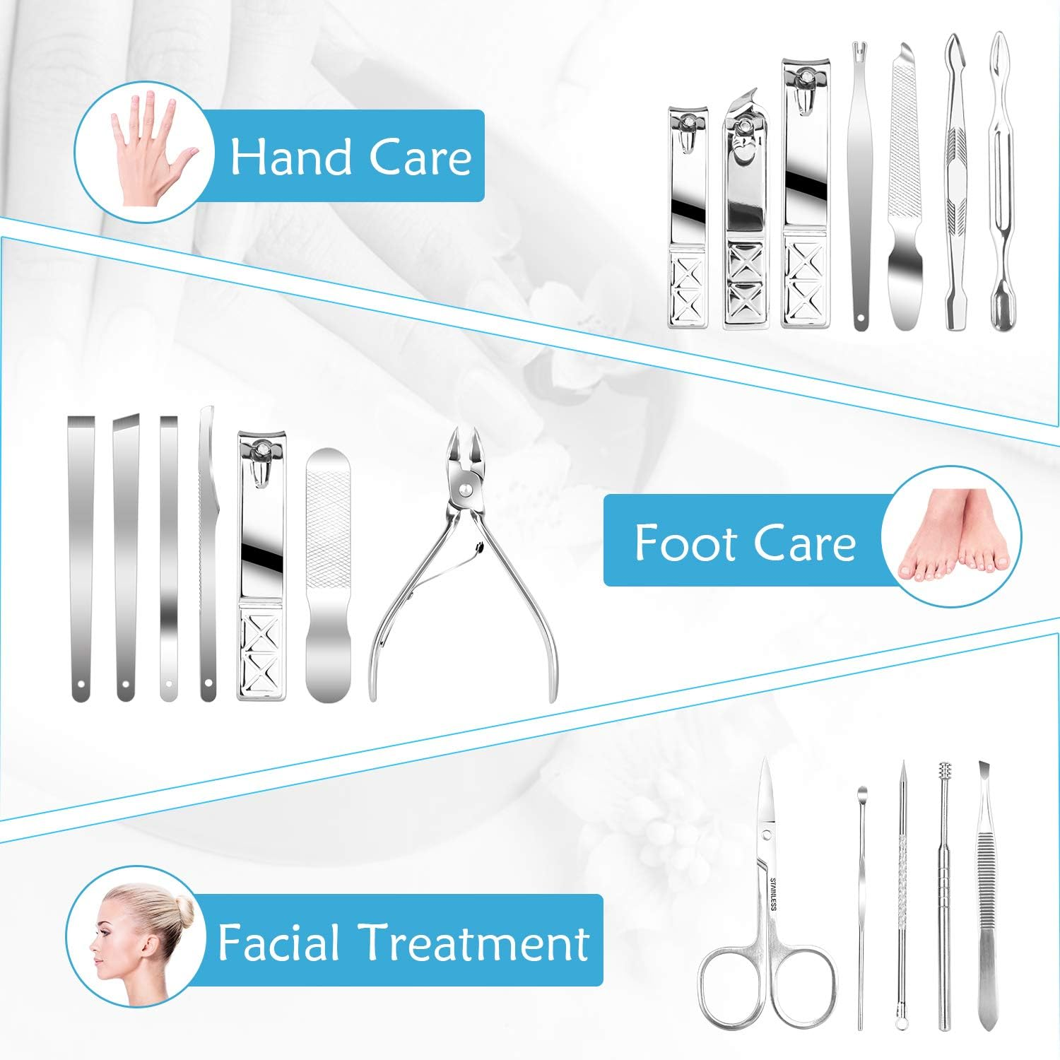 Teamkio Nail Clipper, Classic Style, Blue, Stainless Steel, 18Pcs, Travel Hygiene Kit with Leather Case image number 1