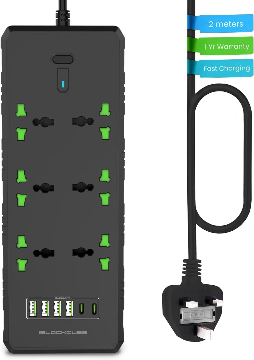 Iblockcube Extension Lead with 3 USB Slots | 2 Meter Cable Cord Power Strip, 3 Way Universal Socket | Smart Charging Station Hub, Individually Switched, Surge Protected, and Wall Mount UK Plug (Black) image number 1