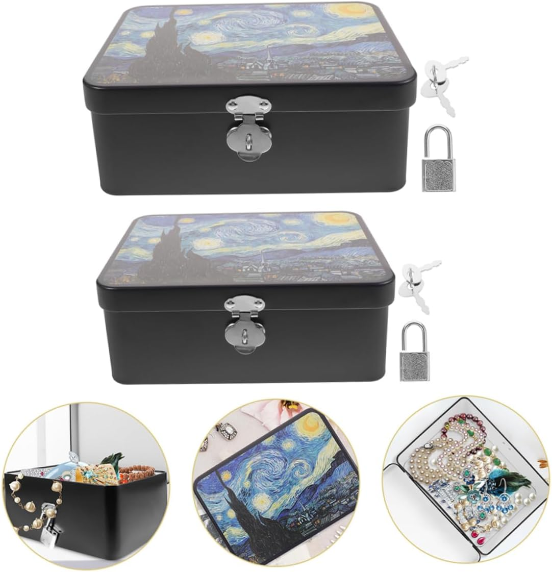 2Pcs Vintage Tinplate Box with Lock Medium Large Jewelry Storage Case Keepsake Organizer for Photos Decorative Treasure Box for Home image number 2