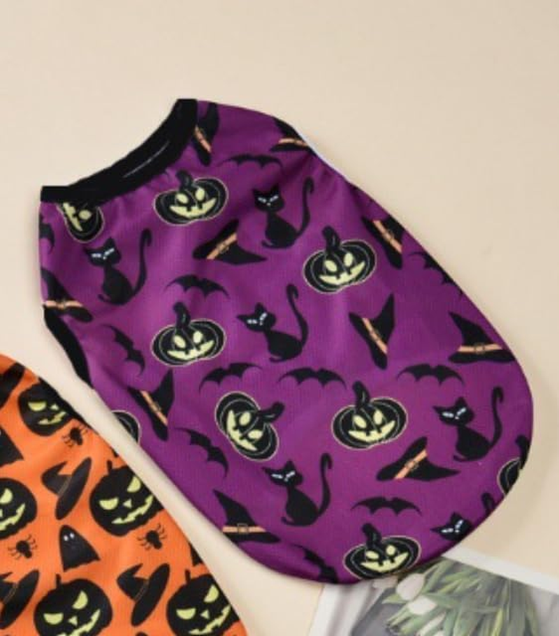 Halloween Dog Clothes Pumpkins Spider Web Bats Printed Dog Vest Cat Skin Friendly Fitted Outfits (Purple, XL) image number 2