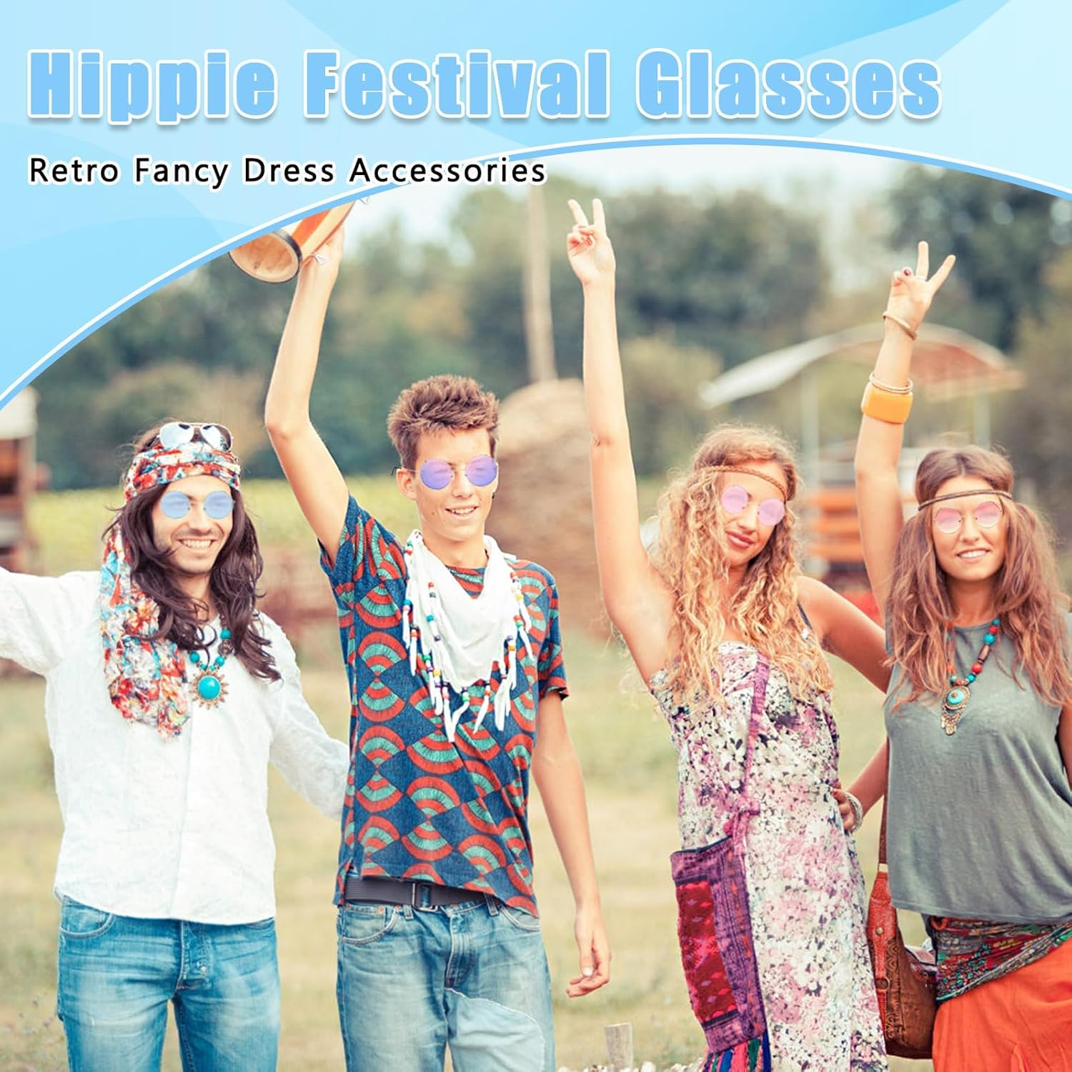 Round Hippy Specs Sunglasses 6PCS Retro Hippie Circle Glasses 60'S 70'S Style Retro Rave Glasses 6 Colors Hippie Fancy Dress Costume Accessories for Adults