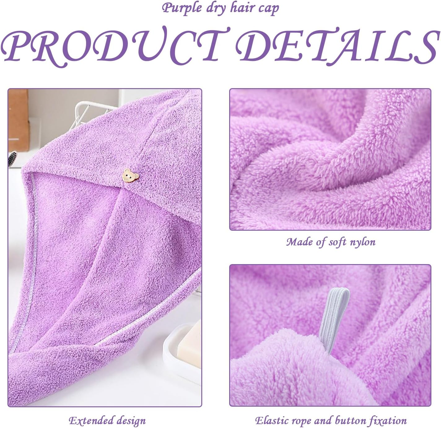 UDNFHL Pack of 2 Purple Dry Hair Caps and 2 Hair Rings, Water-Absorbing Shower Cap, Soft and Comfortable Dry Hair Cap, Bath Accessories. image number 5