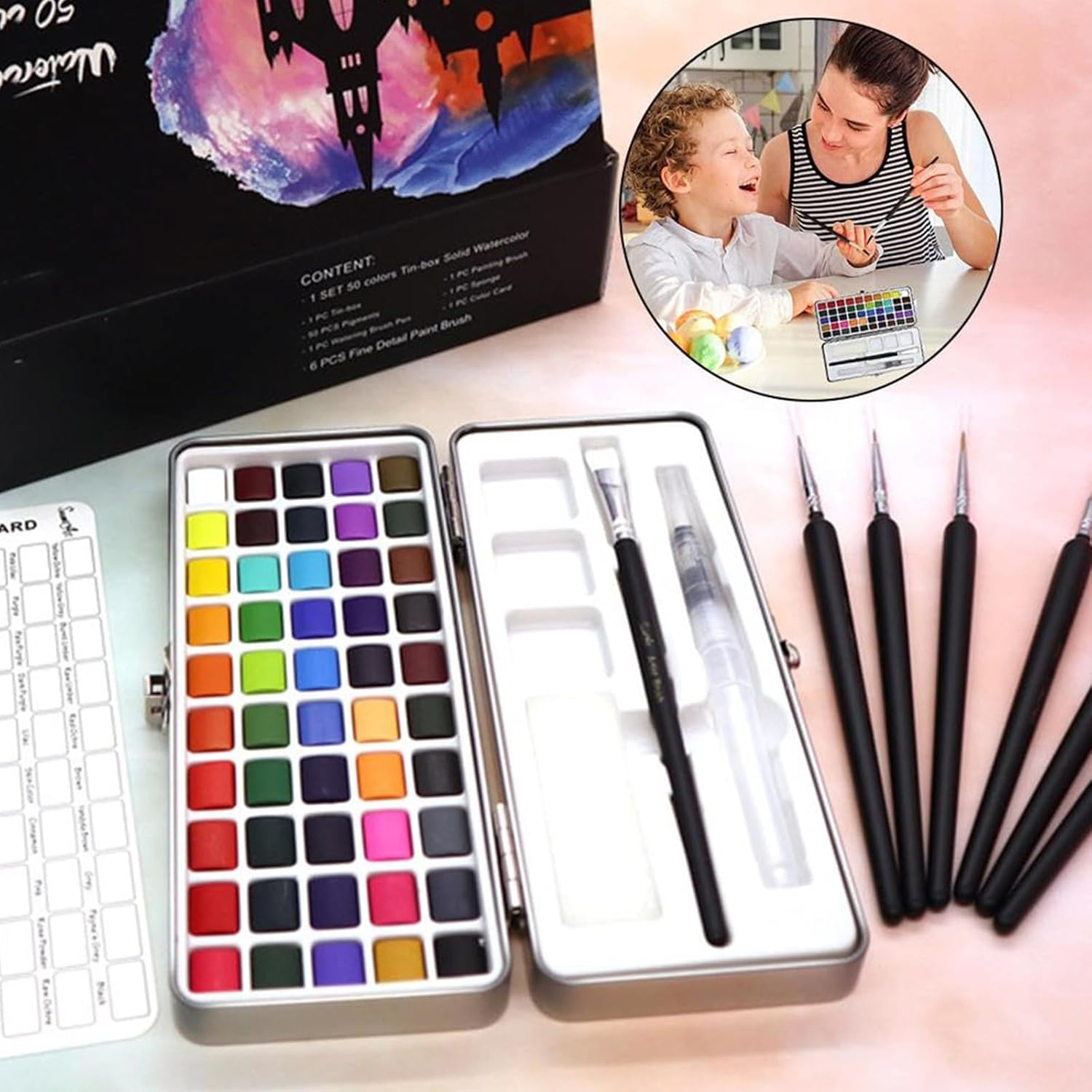 Oolong 50 Colors Watercolor Paint Set in Portable Iron Box,Travel Sized Water Color Art Kit Palette with 1 Water Brush Pens, 6 Paint Brushes, 1 Colour Charts for Adult Beginners & Professional image number 5
