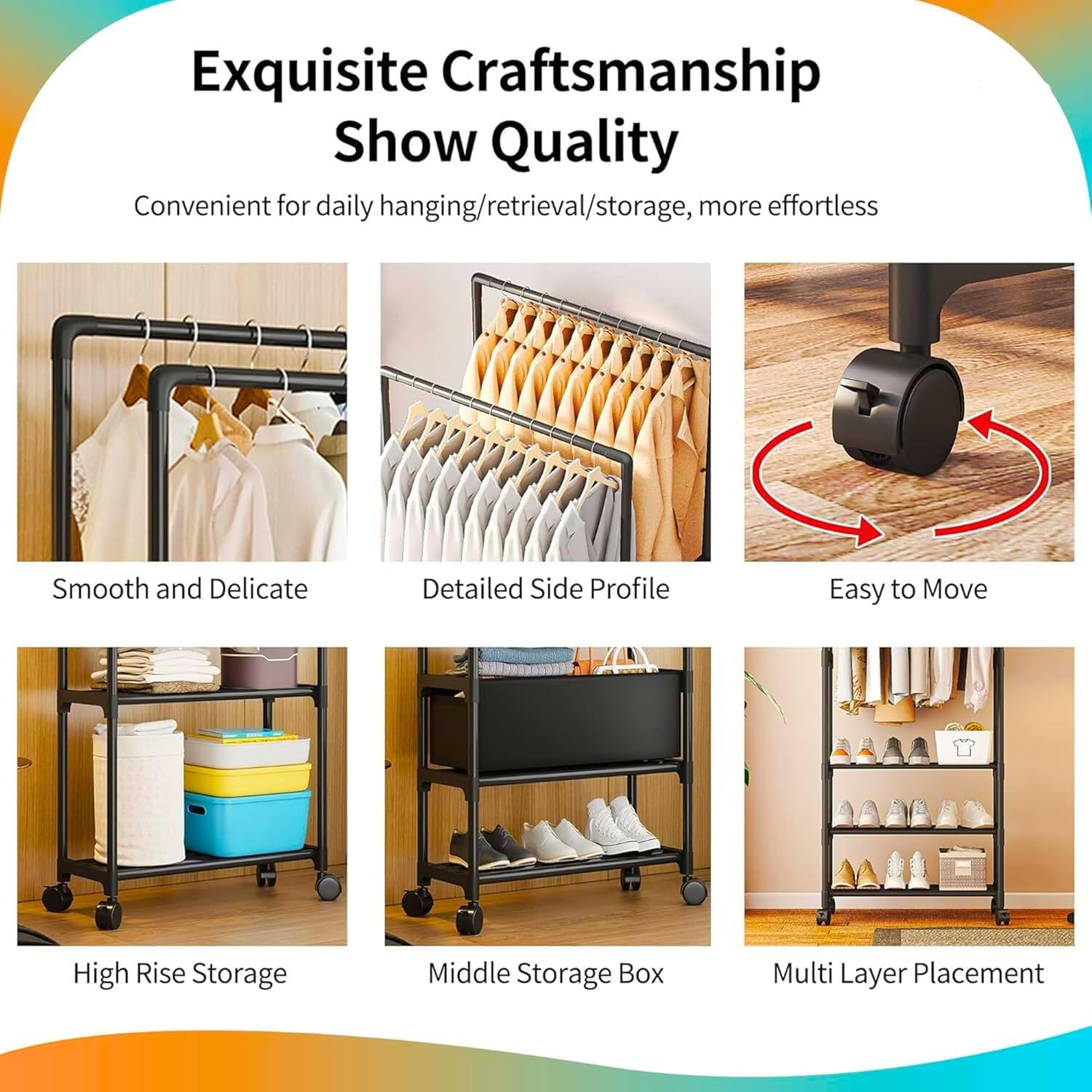 Double-Rail Clothes Hanger Stand, Storage Shelf Stand with Clothes Rail and Rolling Coat Rack,Clothing Garment Rack with Bottom Shelf, Drying Rack, Household Space Saving Storage Organizer for Bedroom image number 2