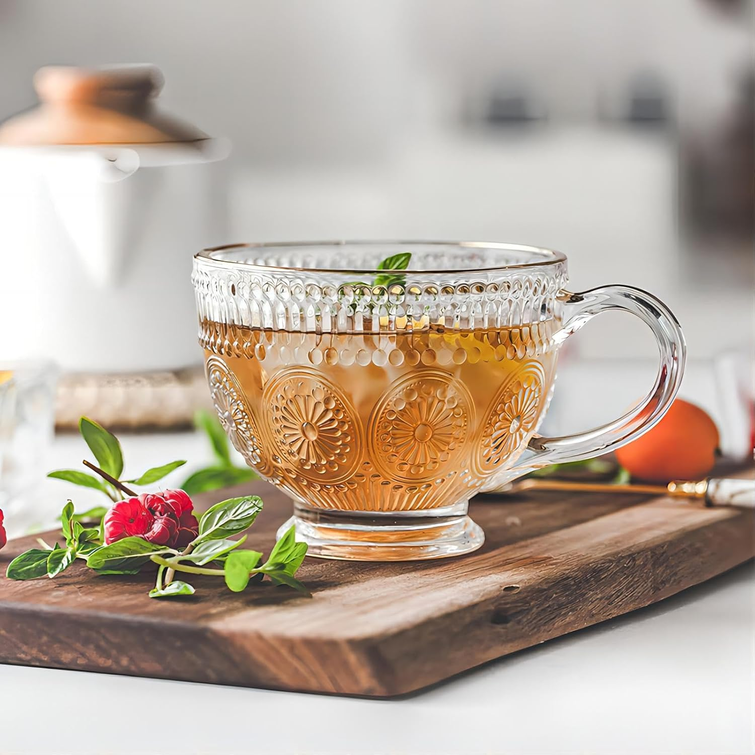 Blissora Large Embossed Tea Cup, Valentines Ribbed Coffee Mug Sets Pack of 2/4/6 for Cereal Cappuccino Dessert, Crystal Friend Mum Gift (Gold Rim, 4 Pack) - 4, Gold Rim image number 7