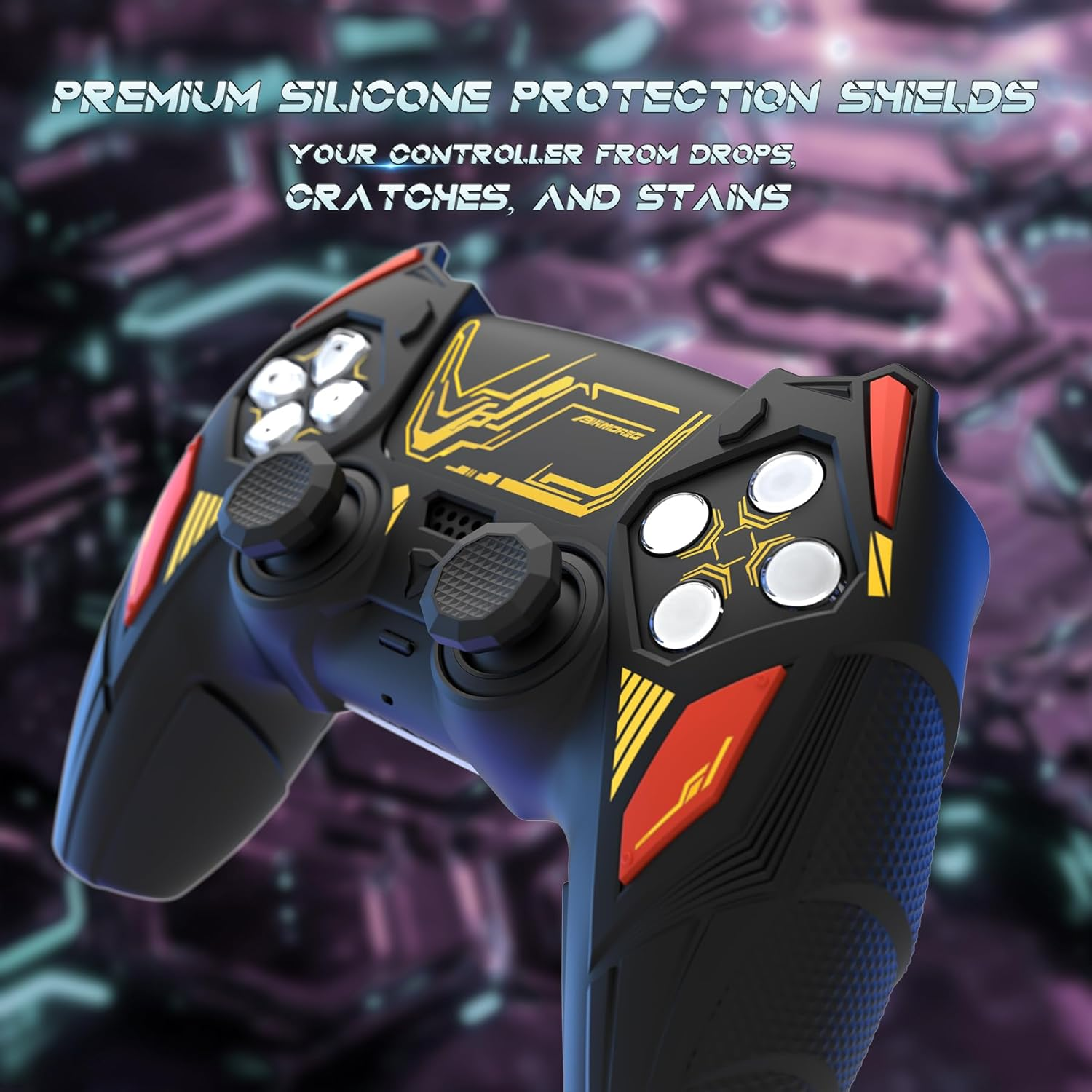 Playvital Mecha Rhino Silicone Cover for Ps5 Controller with Thumb Grips & Stickers, Anti-Slip Controller Grip Skin Accessories Compatible with Ps5 Charging Station - Black & Caution Red image number 1